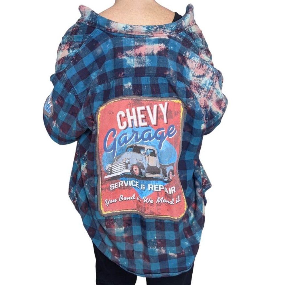 Chevy Garage Service & Repair Upcycled Shirt One Of A Kind Bleach Flannel sz XL